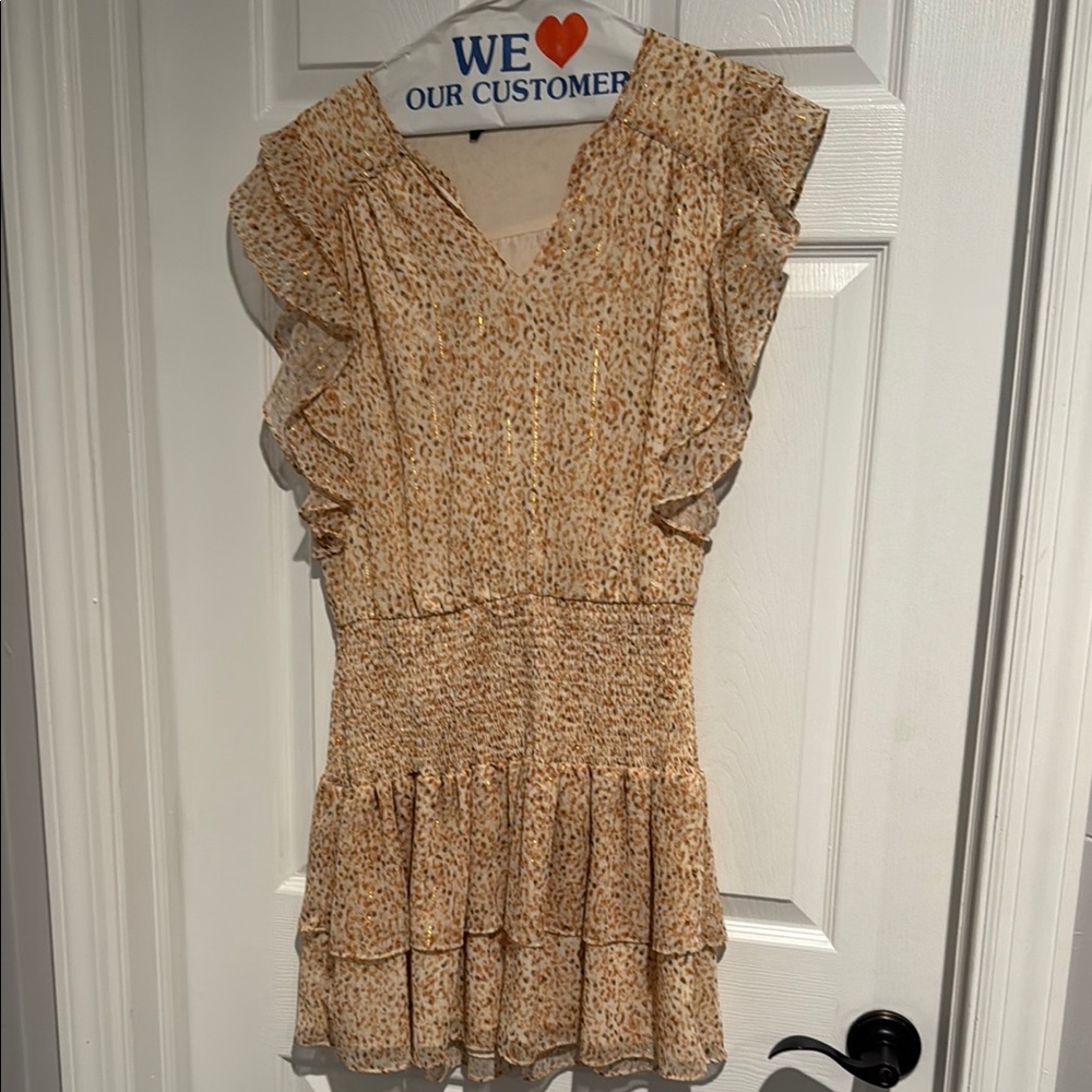 Ruffled V-Neck Dress in Beige and Brown